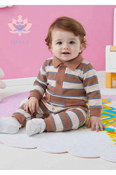 Loule بيبي بولو ياكا مخطط بأكمام طويلة بجيوب من القطن الممشط - بني أزرق مخطط ...