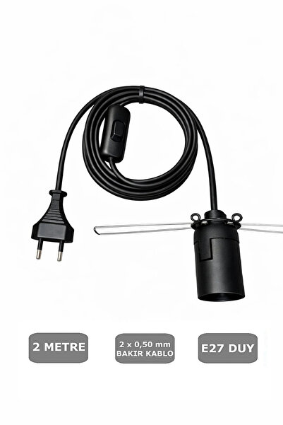 CONANA E27 Duylu 2 Metre Arapuarlı (Aç Kapat Anahtar) Yaylı Duy (2X0,50) (Siy...