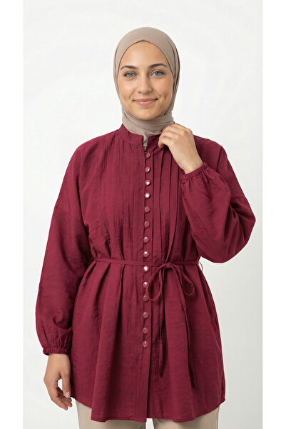 MİHRA STORE Öykü Ριμπ Τουνίκ με Κουμπιά-ZN2019 Βουργουνδίας