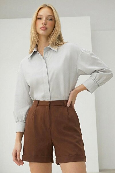 VAGGON Acı Kahve Çift Cepli Duble Paça Gizli Fermuarlı Keten Şort