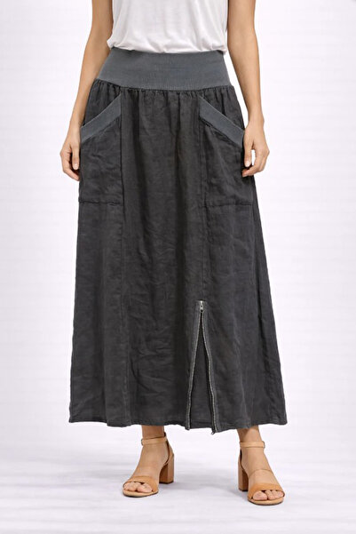 AYASOFYA OTANTIK تنورة طويلة نسائية إيطالية رمادية داكنة بخصر مطاطي وجيب وسحا...