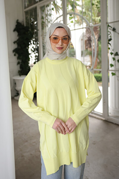 İmajButik Yellow Crew Neck Cold Thread Knitwear Tunic