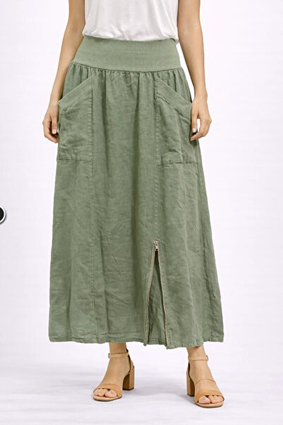 AYASOFYA OTANTIK Γυναικεία ιταλική μακριά λινό φούστα χακί με ελαστική τσέπη ...