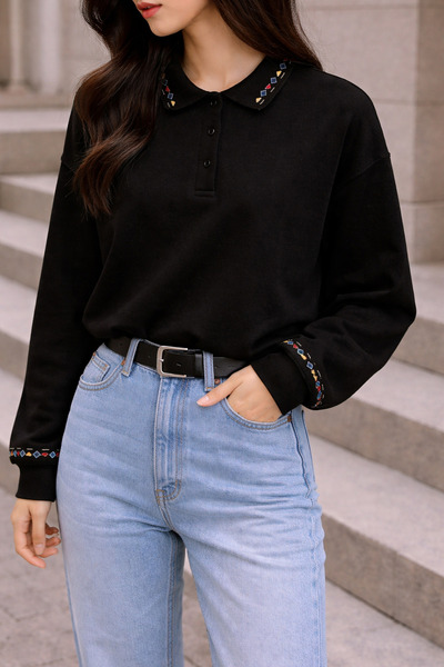 Fit Kalıp %100 Pamuklu Polo Yaka Siyah Renk Rug Sweatshirt