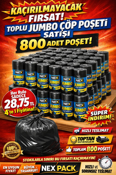 nex pack 80 RULO Endüstriyel Jumbo Boy Çöp Torbası – Kalın 300GR – 80x110 Büy...