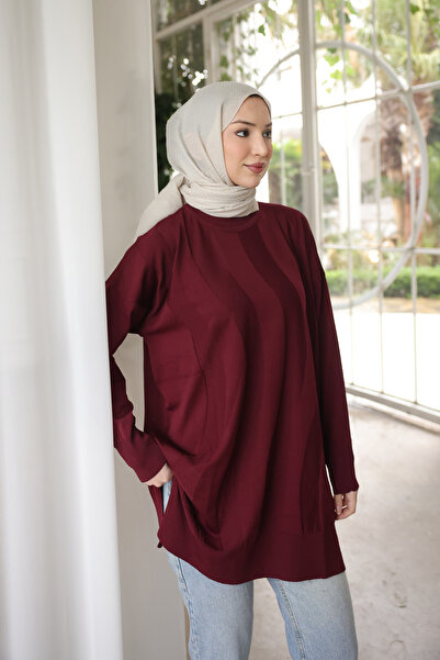 İmajButik Bordo Bisiklet Yaka Soğuk İplik Triko Tunik