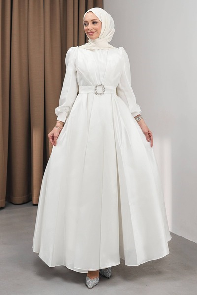 İmajButik فستان سهرة أبيض بأكمام بالون