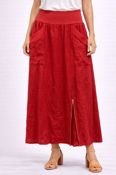 AYASOFYA OTANTIK Fusta lungă de in pentru femei, italiană, roșie, cu buzunar ...