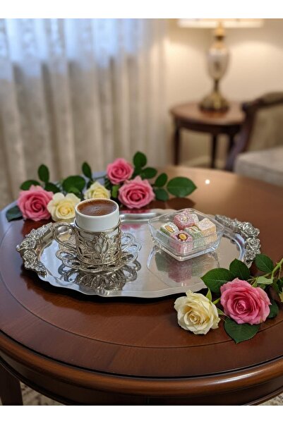 AHİR TİCARET 6 Adet Komple Gümüş Oval Model Gül Motifli Kahve-Çay Sunum Tepsi...