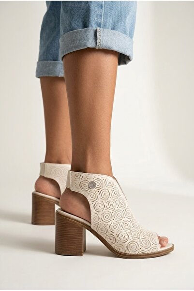 Mammamia Pantofi de damă piele sandale - Toc înalt - cu model Upper - Bej cre...