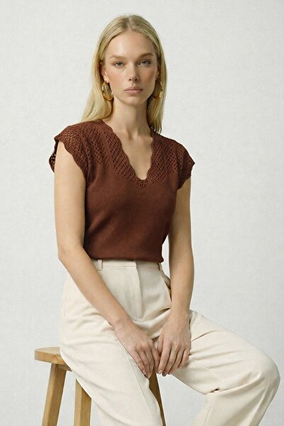 VAGGON Kahverengi V Yaka Delik Ajurlu Mevsimlik Triko Bluz