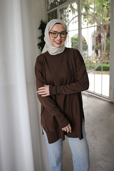İmajButik Brown Crew Neck Cold Thread Knitwear Tunic