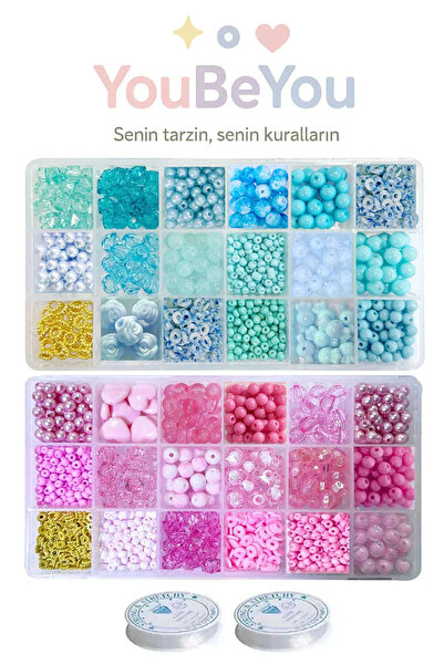 By MO Accessories YENİ SEZON 2'Li Kutuda Pembe ve Mavi Boncuklarla El işi Bon...