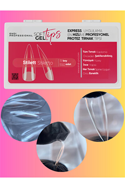 Endi Professional Yeni nesil jel tips 550 adet/pcs - Stilleto şeffaf