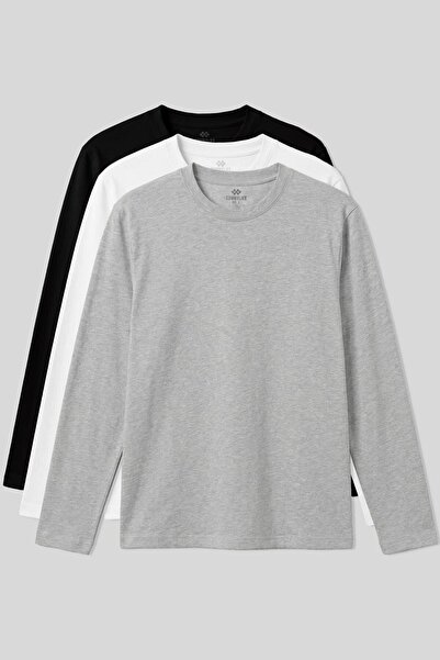 TOMMY LIFE Standart Fit Basic O Yaka 3lü Paket Siyah-Beyaz-Gri Melanj Erkek T...