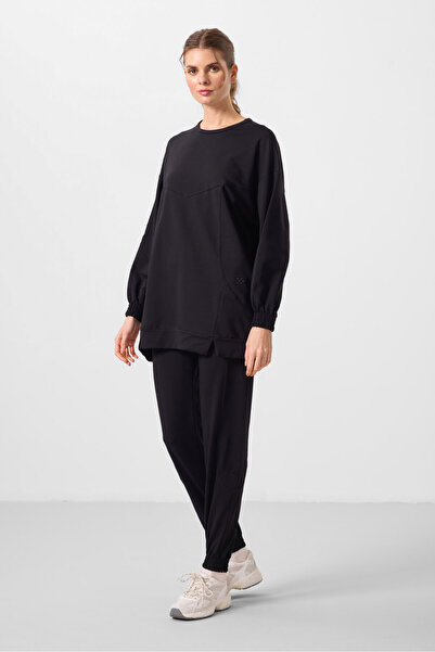 TOMMY LIFE Black O Neck Basic Oversize Women's Tracksuit Tunic Set - 95347