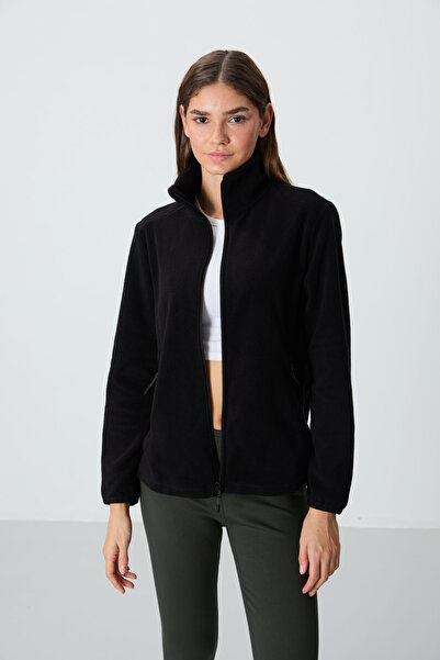 TOMMY LIFE Černá dámská fleecová mikina s límečkem na zip pohodlného tvaru - ...