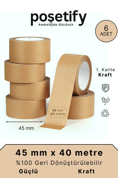 POŞETİFY 45 mm x 40 Metre Kraft Koli Bandı 6 Adet Yapışkanlı Doğal Kağıt Daya...