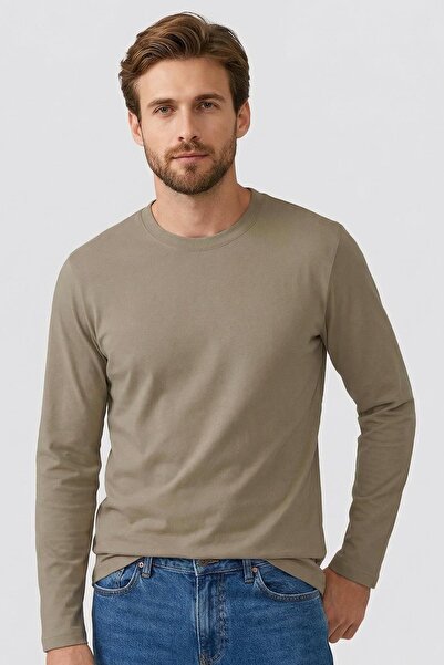 TOMMY LIFE Ανδρικό μπλουζάκι με μακρύ μανίκι σε σκούρο μπεζ Standard Fit Basi...