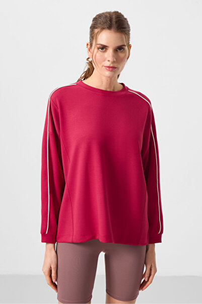 TOMMY LIFE Viva Red Soft Textured O Neck Oversize Women's Tunic Sweatshirt - ...