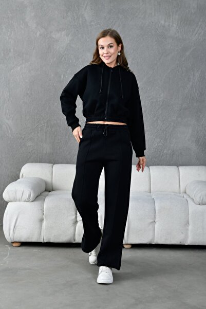 Kadın Yumuşacık Içi Polarlı 3 Iplik Relaxed Kapüşonlu Fermuarlı Sweatshirt Takım
