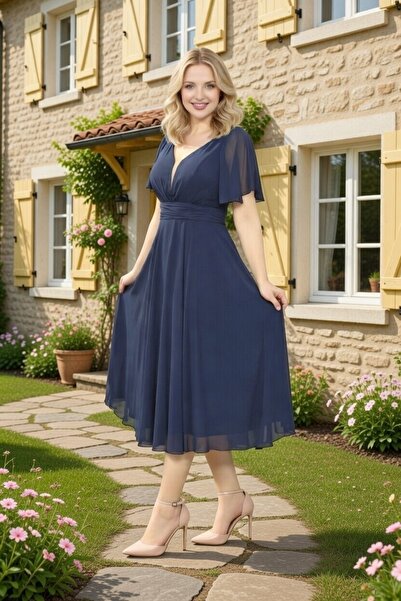 FaBe Fashion KISA KOLLU KALP YAKA BELİ BÜZGÜLÜ MİDİ ŞİFON ELBİSE NİKAH-NİŞAN-...