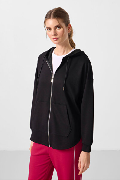 TOMMY LIFE Black Soft Textured Hooded Oversize Women's Tunic Sweatshirt - 97302