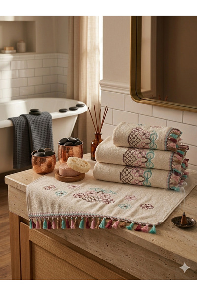 Z&N STYLE (3'LÜ SET) Annem Çeyizlik 50x90 Cm. Kanaviçe Çiçek Desenli Püsküllü...