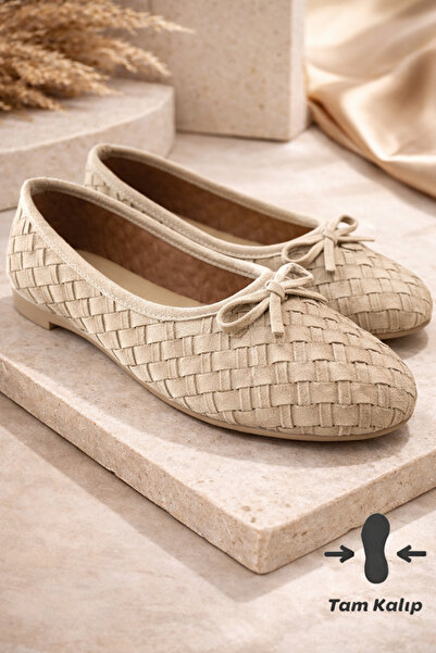 Noliva Kadın Bej Süet Dokulu Örgü Desenli Fiyonklu Babet