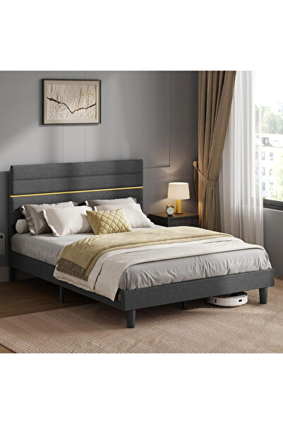 VASAGLE Pat tapițat 140x200 cm cu tăblie reglabilă, cadru metalic și lemn mas...