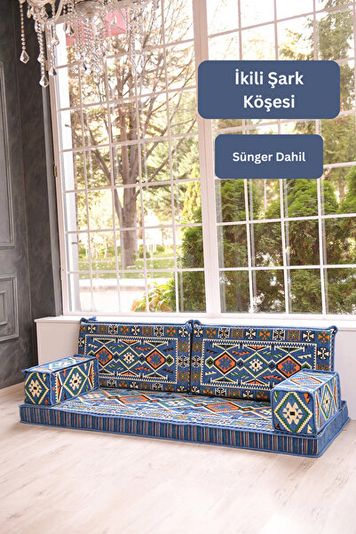 BAKIRÖZÜ HOME Mini Şark Köşesi Takımı Mavi Anadolu 5 Parça Süngerli 2 Kollukl...