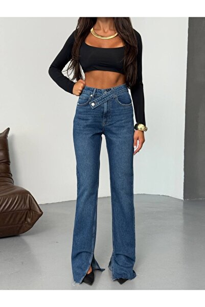 HerTon Ψηλόμεσο τζιν παντελόνι με λεπτομέρεια σταυρωτής ζώνης και φαρδιά μπατ...