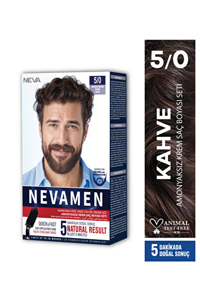 Neva Men 5/0 Natural Medium Brown - KAHVE Amonyaksız Krem Saç Boyası Seti