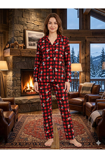 ELİTOL Kırmızı Ayıcık Desenli Süet Düğmeli Pijama Takımı (BİR BEDEN BÜYÜK TER...