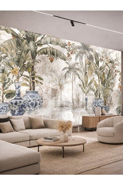 dekoartizan Saksılı Tropikal Bitkiler Duvar Kağıdı. Digital Baskı Tek Parça