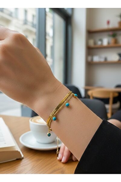 aurora dükkan Steel Gold Color Blue Beaded Bracelet