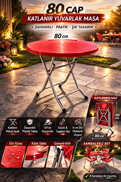 SAZLIK Katlanır Balkon Bahçe Masası Yuvarlak 80*80 Ölçü Renk Kırmızı