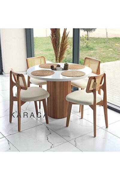 holzwelt Yuvarlak Ahşap Masa Takımı Bohem 4 Kişilik Mutfak Masa Sandalye Takı...