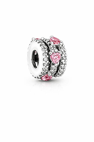 Defne Silver Pink Heart Jewelled Cylinder Charm