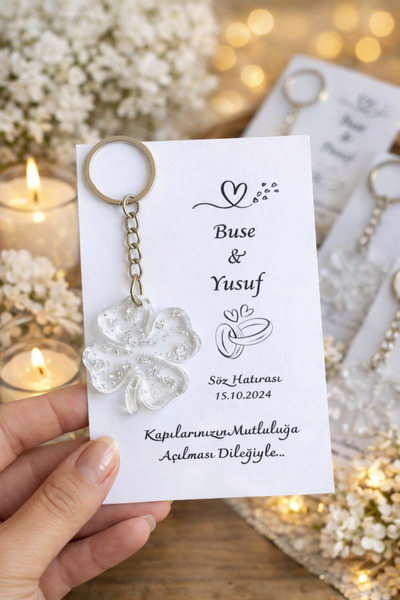 SEYVAYA Epoksi Yonca Anahtarlık 25 Adet Kişiye Özel Kartlı Gümüş Detaylı Söz ...