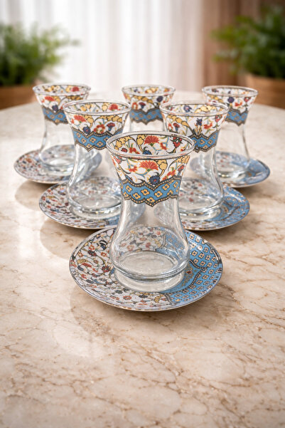 izbul Gelenekten Gelen Şıklık Türk Çay Takımı, Çiçek Desenli 6’lı İnce Belli ...
