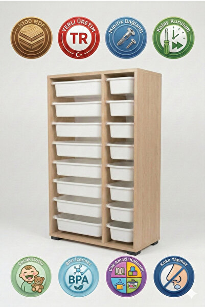 yabilmo %100 MDF Gövde Kolay Minifix Bağlantı 16 Çekmece Çok Amaçlı Oyuncak D...