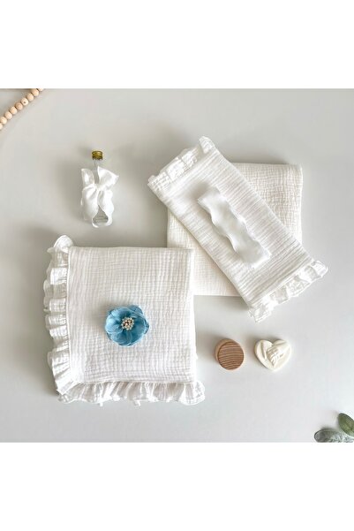 Anya-Events Μουσλινένιο Βαπτιστικό Κοστούμι με Μπλε Λουλούδι