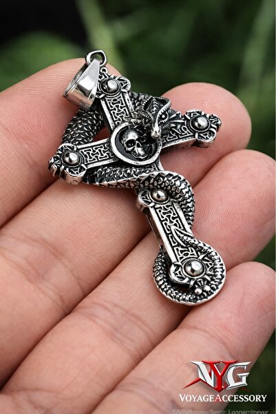 VİKİNGS Gotik Ruhun Simgesi Ejderha ve Kurukafa Detaylı Haç Kolye