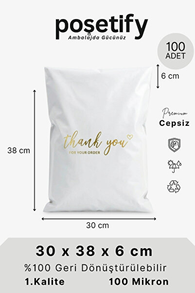 POŞETİFY Premium Renkli Kargo Poşeti 30x38x6 cm | 100 Adet | Thank You Baskıl...