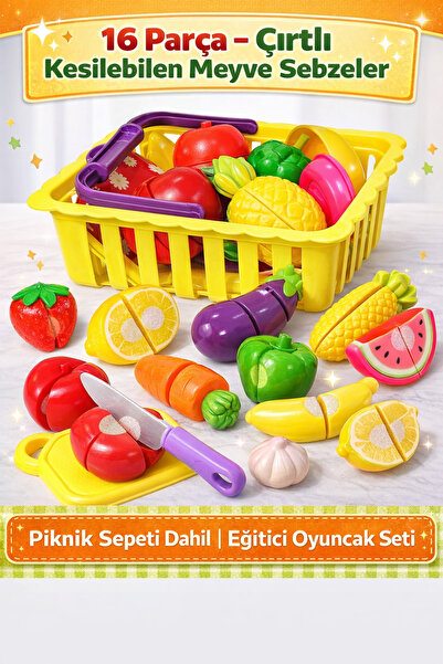 YILDIRIM OYUNCAK 16 Parça Çırtlı Meyve Sebze Kesilen Piknik Seti Sepetli Meyv...