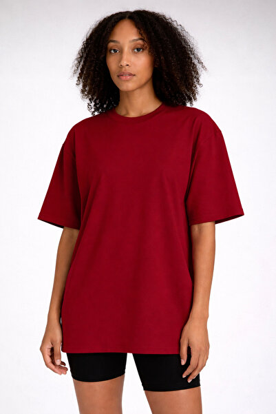 İLKCET MODA Unisex Kırmızı Oversize Kalıp Tok Kumaş Basic T-shirt