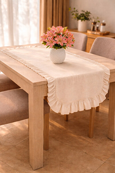 ÇIQRIK HOME Natural Fırfırlı Vintage Ekru Runner Ranır 40x110 Cm