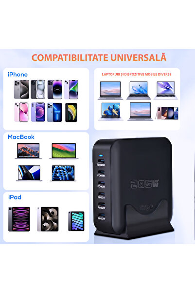 Unified Studios Stație de încărcare GaN Pro 285W, 6 porturi USB‑C – încărcare...
