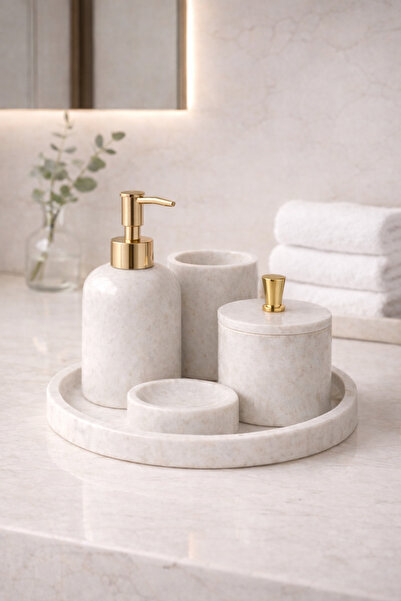 DMR HOME Doğal Mermer Banyo Seti – Sıvı Sabunluk, Diş Fırçalık, Katı Sabunluk...